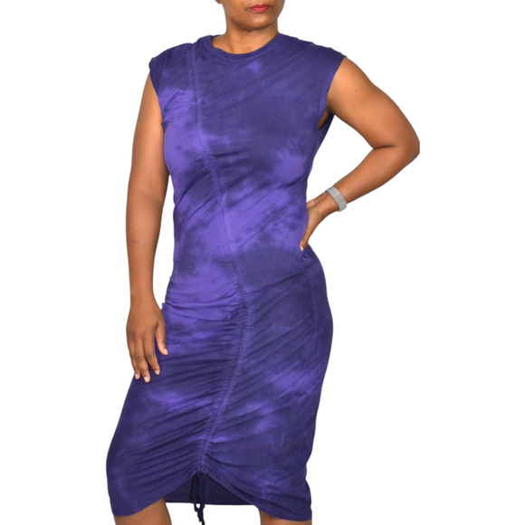Raquel Allegra Midi Dress Purple Gathered Tie Dye Ruched Jersey Bodycon Medium - Picture 11 of 14
